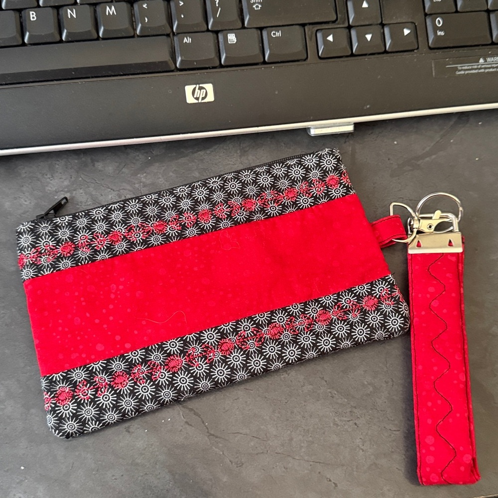 Red and Black Floral Patterned Pouch and Keychain Set